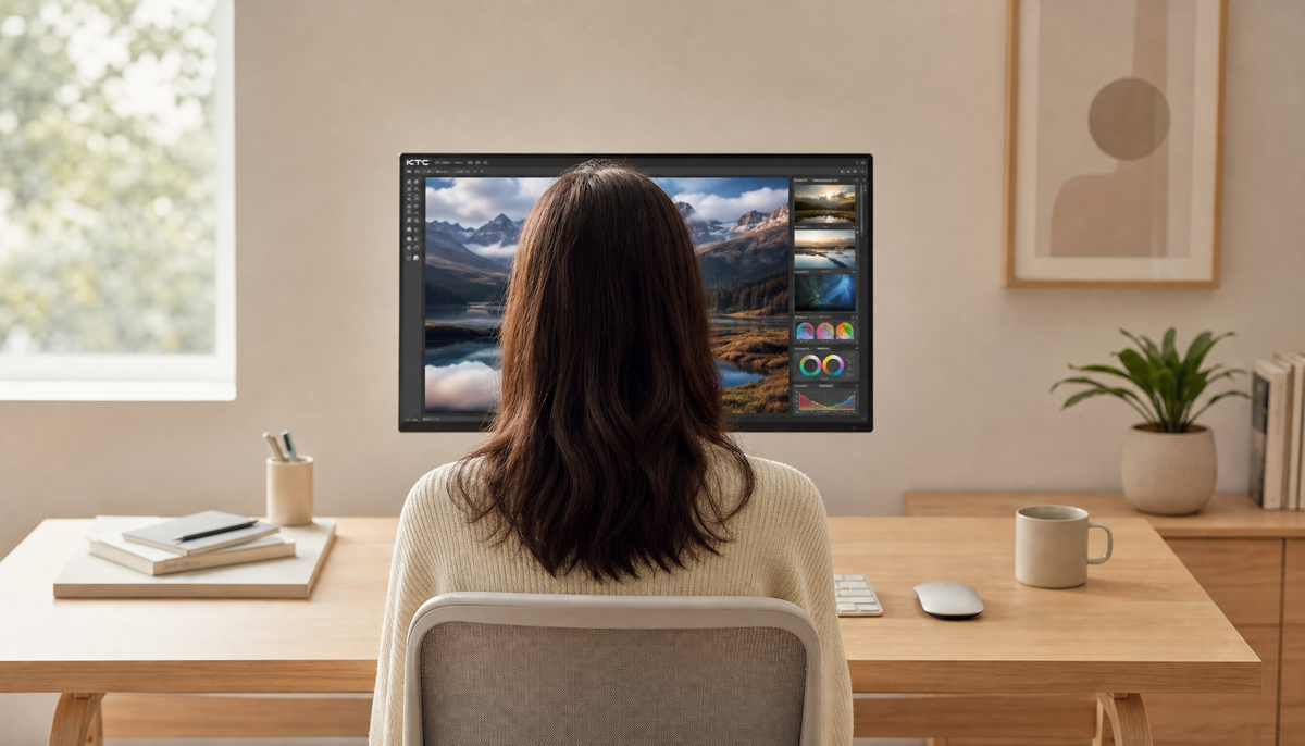 Person sitting at a home office desk with a single monitor centered in front of them, maintaining a neutral neck posture
