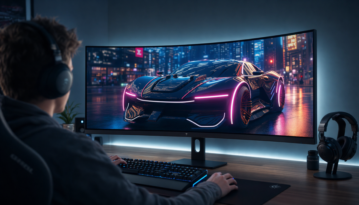 Person sitting at the correct distance from a curved ultrawide gaming monitor at a clean desk setup