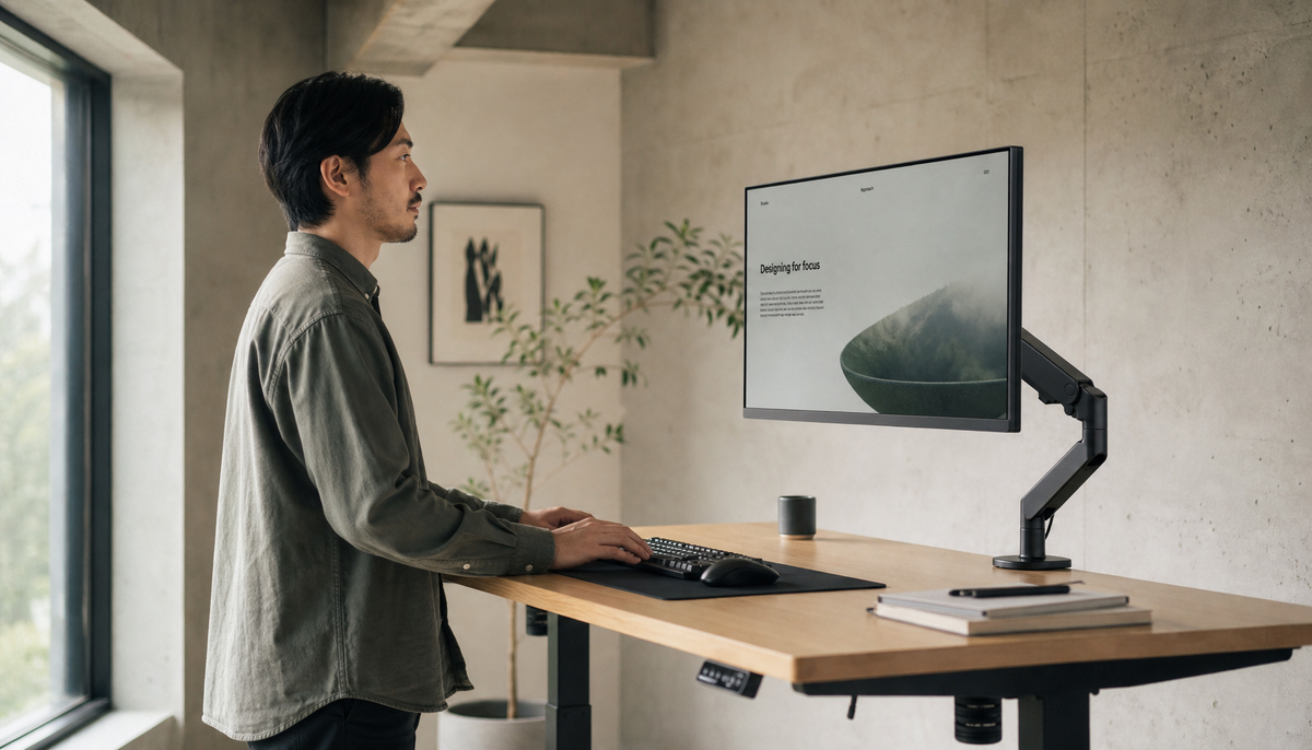 Person standing at an ergonomic sit-stand desk with monitor positioned at proper eye level for comfortable neutral posture