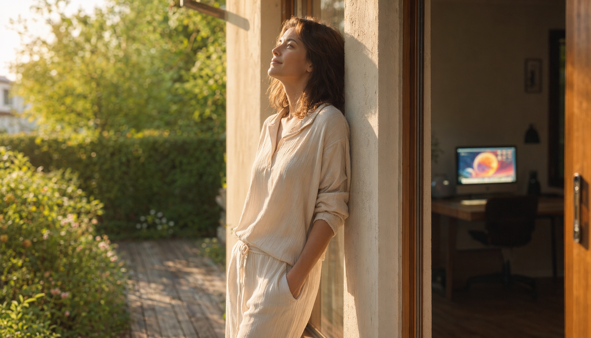 Person stepping outside into warm morning sunlight with a glowing monitor visible through a window inside, illustrating the contrast between morning outdoor light and evening screen exposure