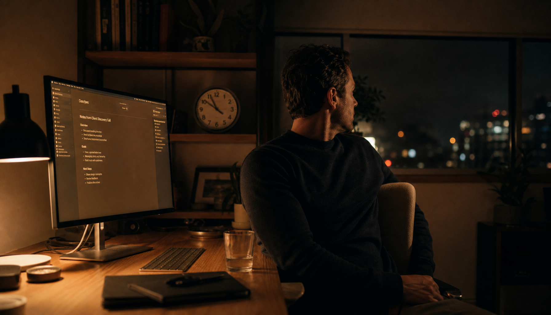 Person taking a 20-20-20 eye break at a dimly lit home office desk with a warm amber monitor screen glowing in the evening