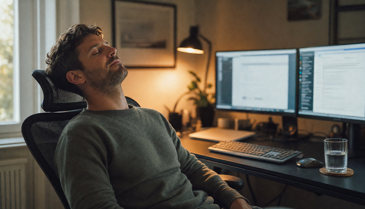 Person taking a deliberate screen break at a softly lit home office workstation during deadline work