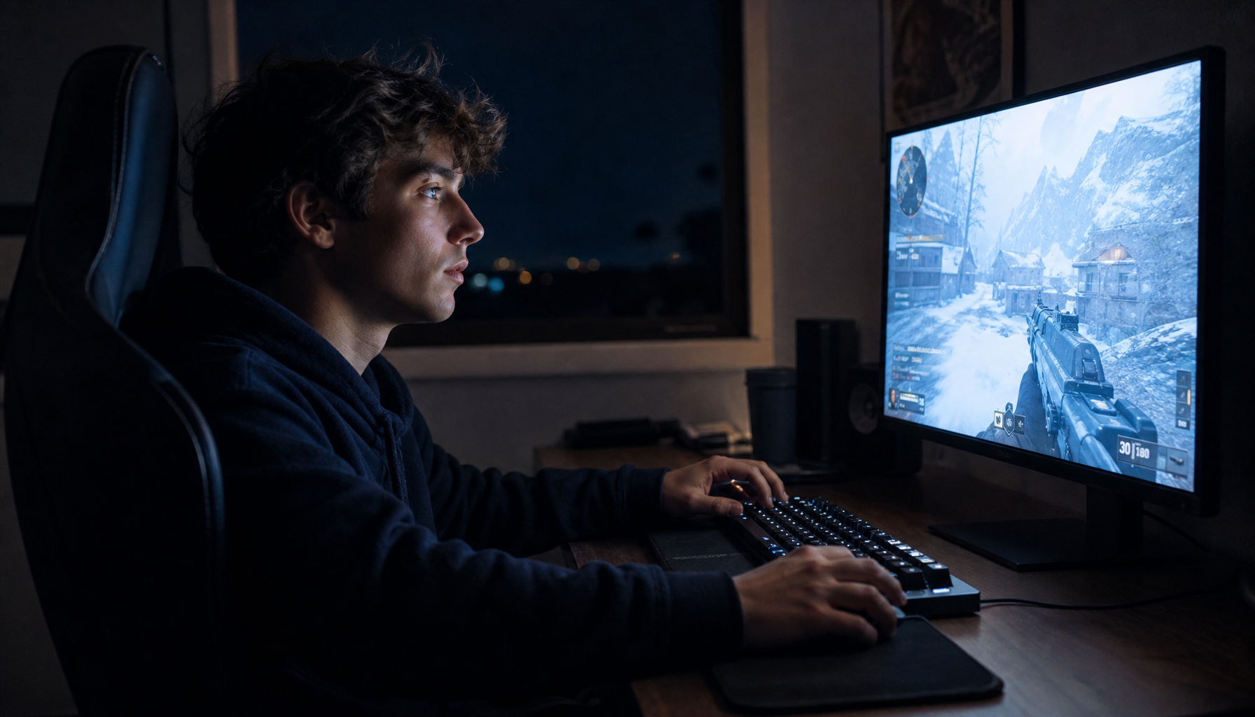 Person using a bright gaming monitor late at night in a dark bedroom, with blue screen light as the only light source