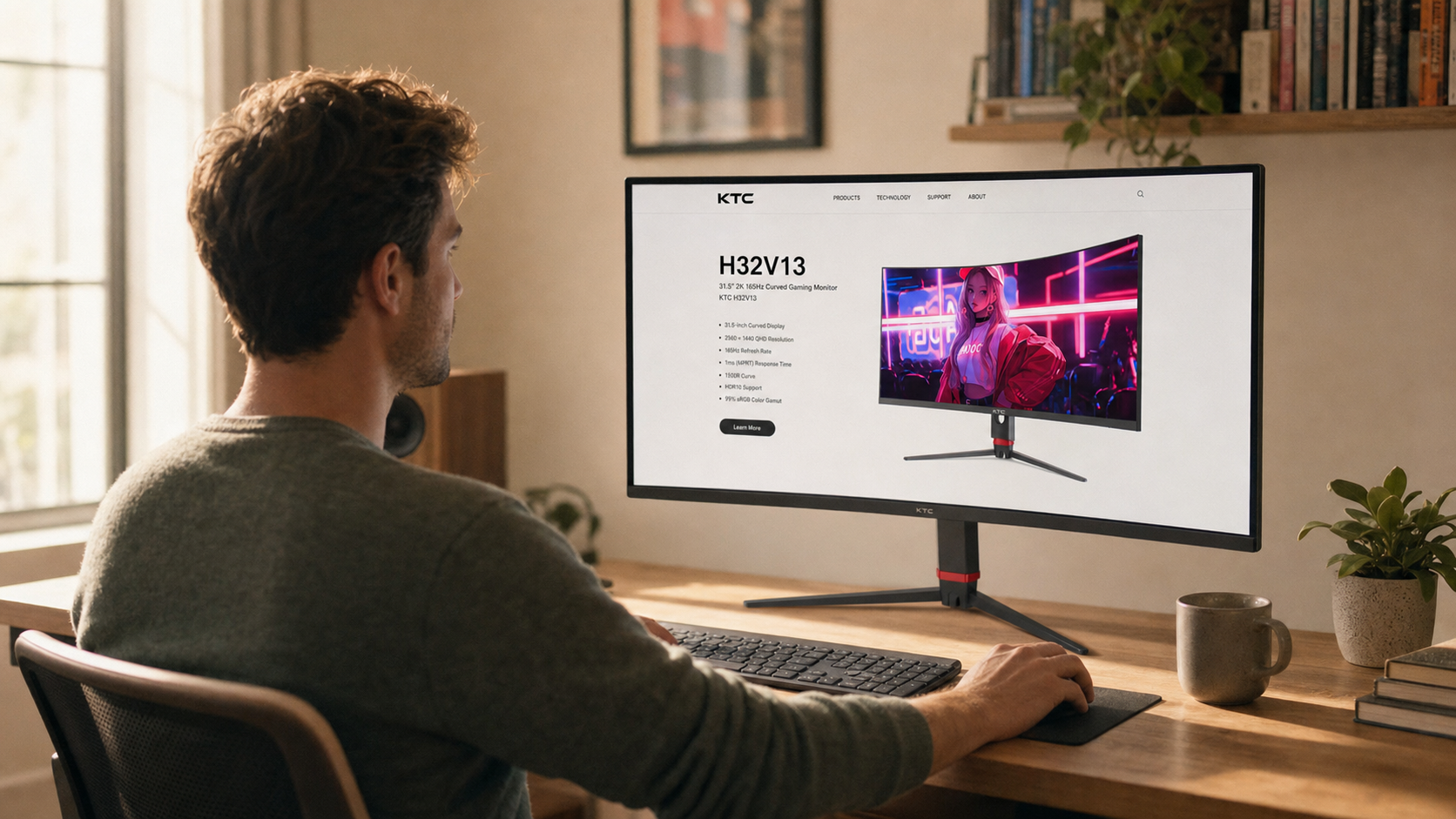Person viewing a monitor at proper desk distance to assess display sharpness and clarity