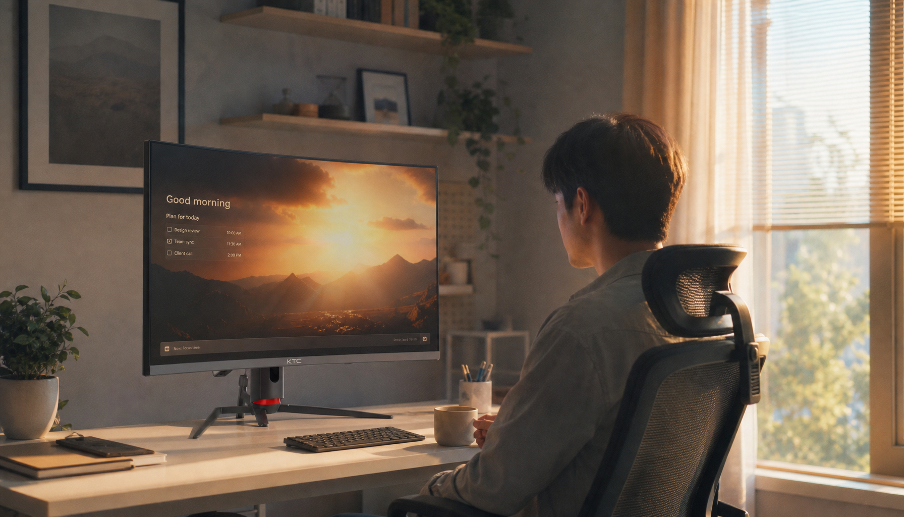 Person working at a dimly lit monitor in early morning, with natural daylight coming through a window — illustrating strategic use of light to align your sleep schedule