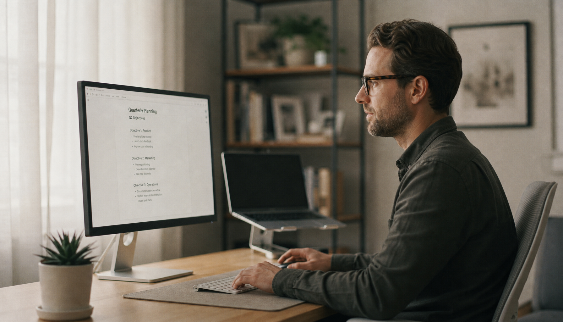 Person working comfortably at a desk with a matte-finish monitor, natural light filling a bright home office with no glare