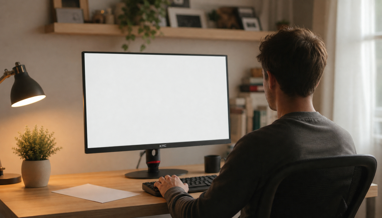 Person working comfortably at a home office desk with a monitor adjusted to match the soft afternoon room lighting