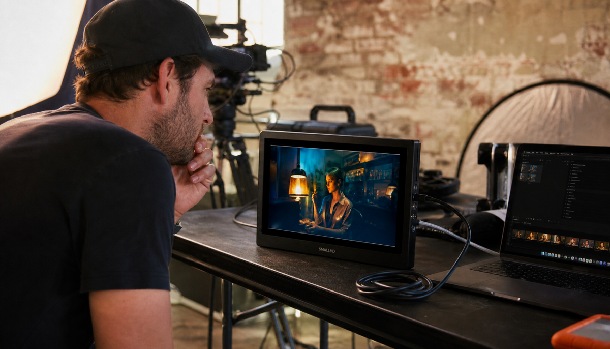 Photographer reviewing color-graded footage on a portable monitor at a location shoot, with camera gear and production equipment in the background