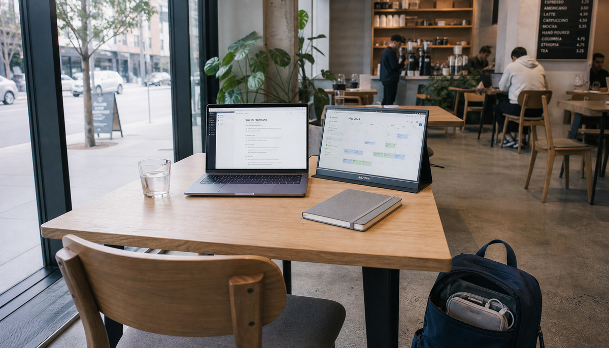 Portable monitor and laptop set up side by side on a coffee shop table with a backpack resting nearby