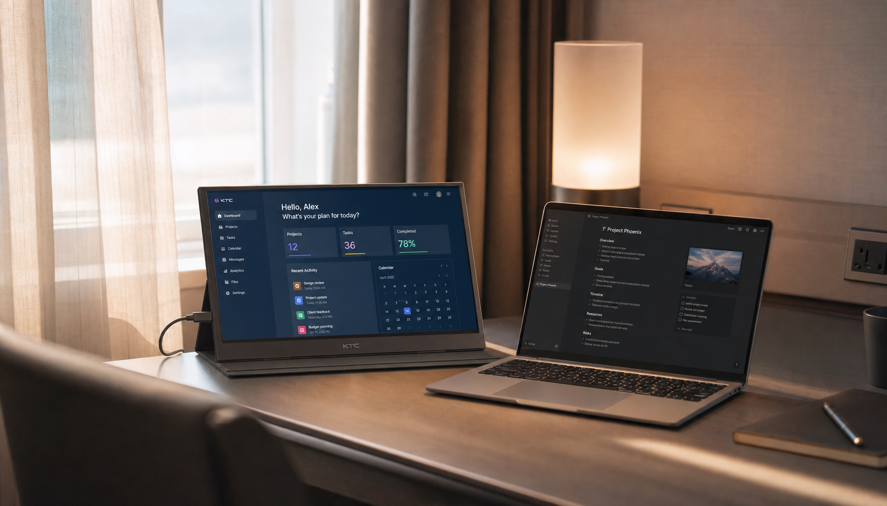 Portable monitor and laptop set up side by side on a hotel room desk for travel productivity