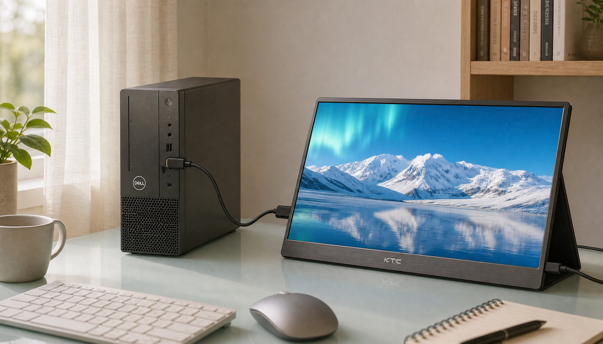 Portable monitor connected to a desktop PC using HDMI and USB power cables on a home office desk