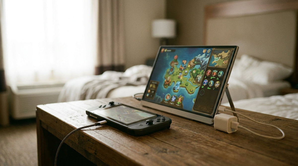 Portable monitor connected to a handheld gaming console in tabletop mode on a hotel desk