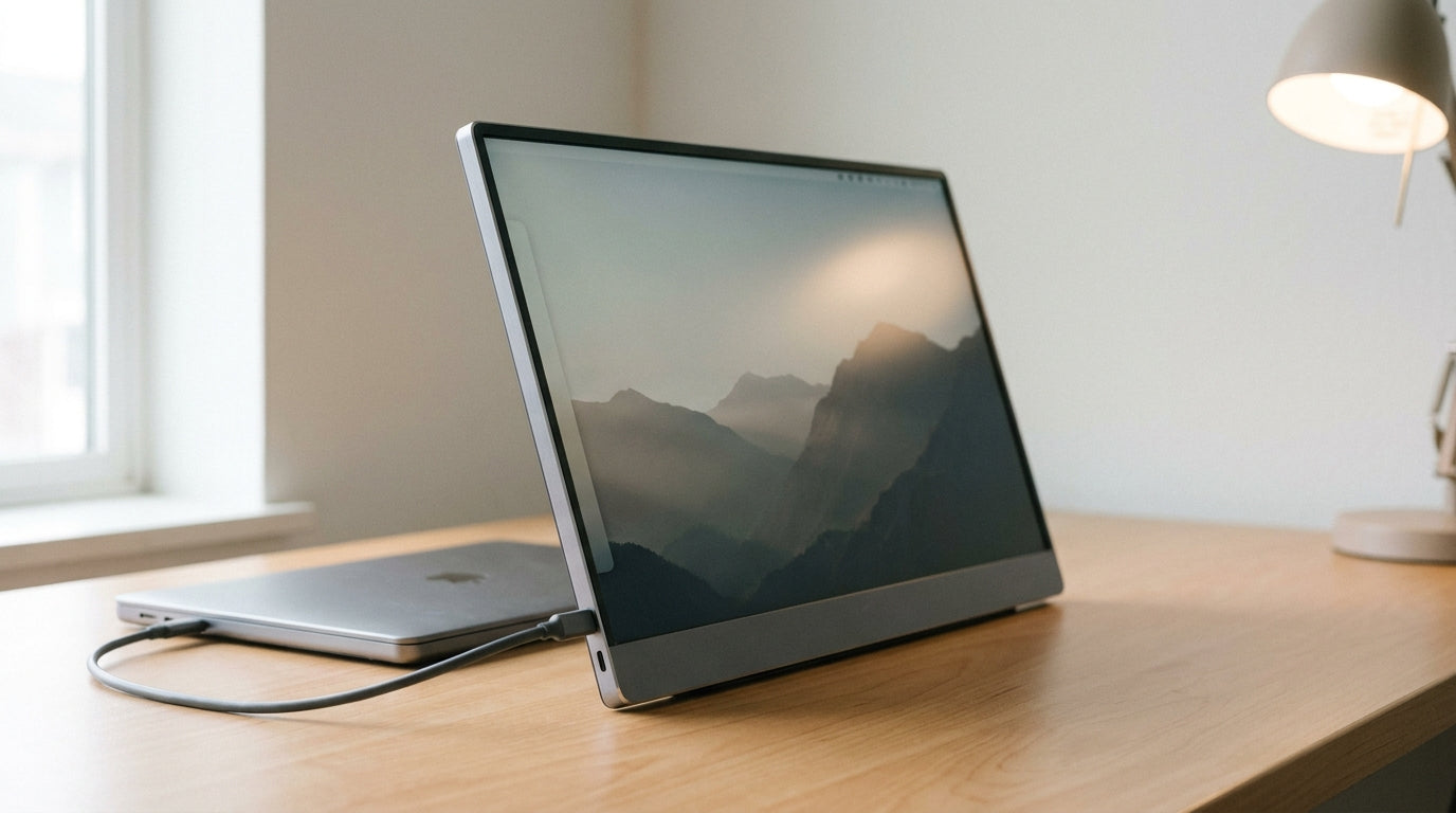 Portable monitor connected to a laptop via USB-C cable on a clean desk setup