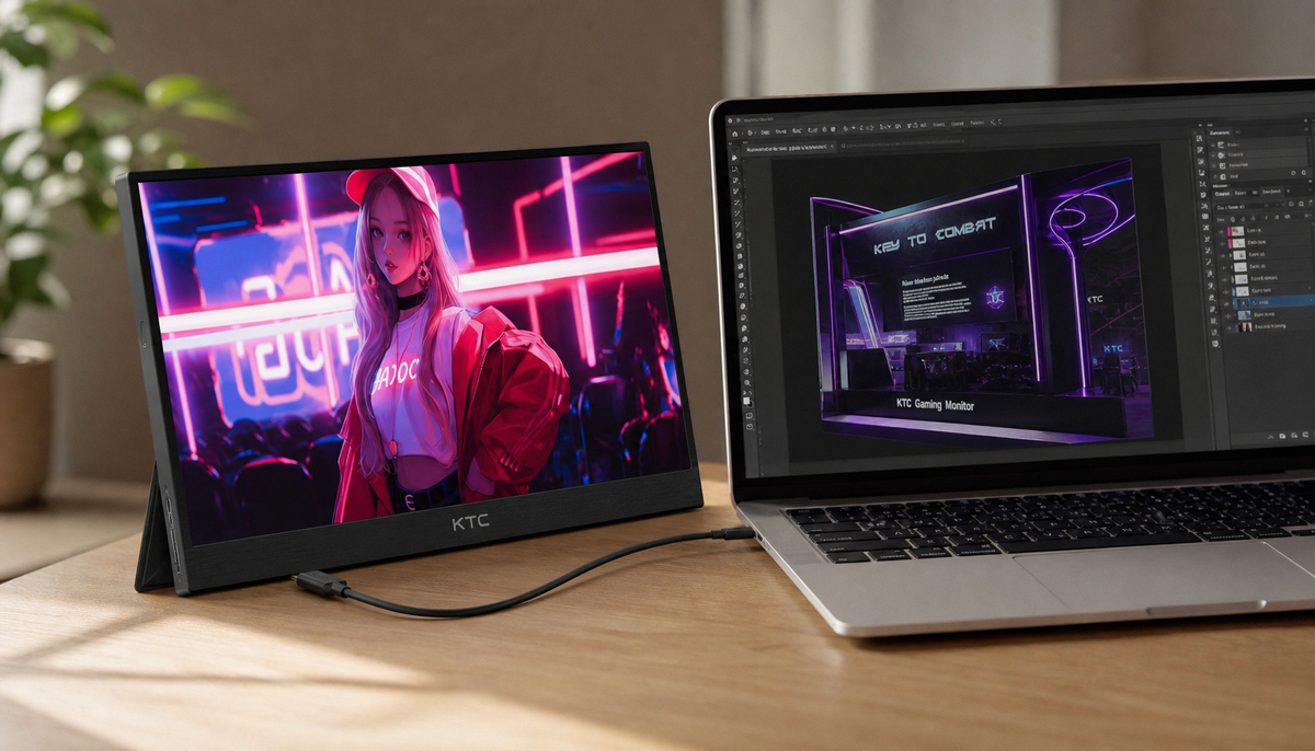 Portable monitor connected to a laptop via USB-C cable on a clean desk