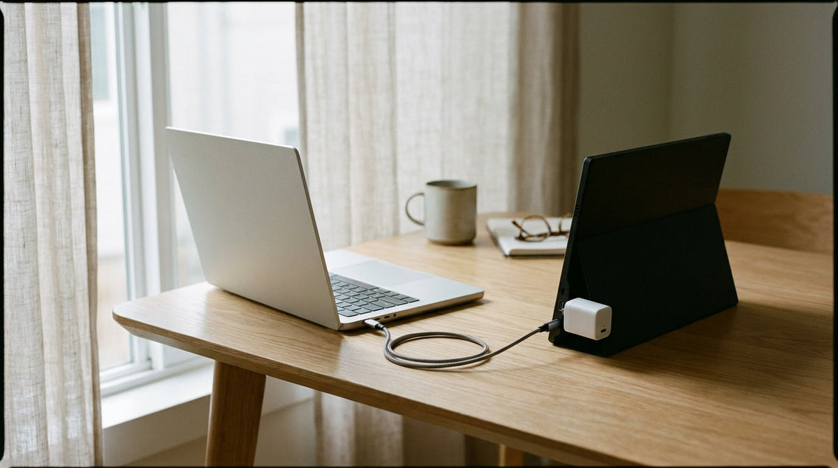 Portable monitor connected to a laptop via a single USB-C cable with a GaN charger plugged into the monitor’s PD input port