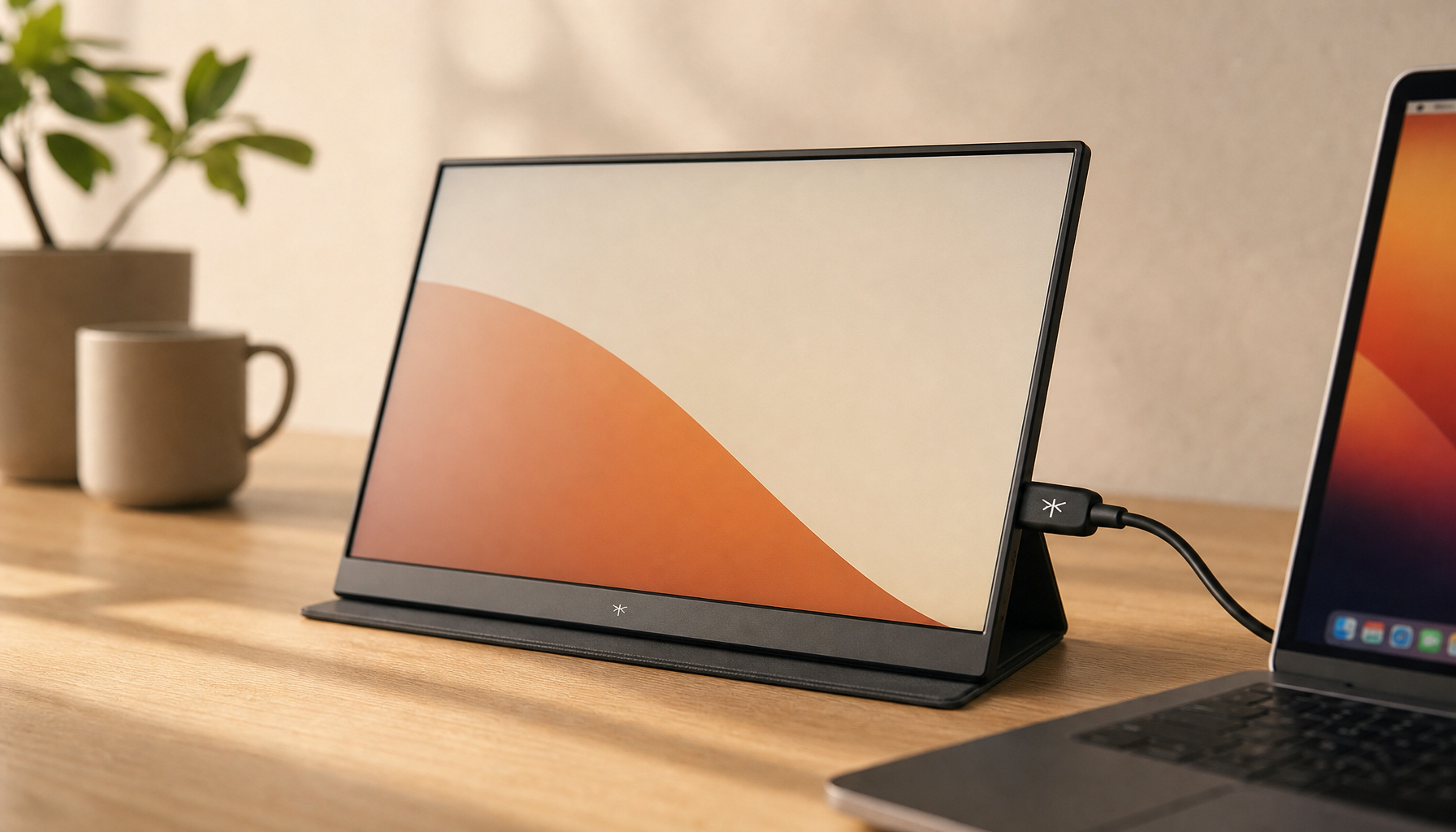 Portable monitor connected to a laptop with a single USB-C cable and wall charger demonstrating PD passthrough setup