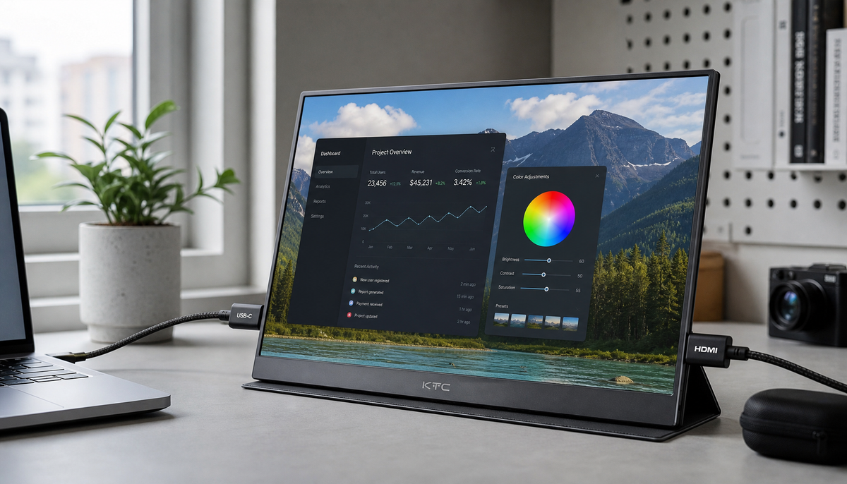 Portable monitor connected via USB-C and HDMI cables on a clean desk showing a sharp high-resolution display
