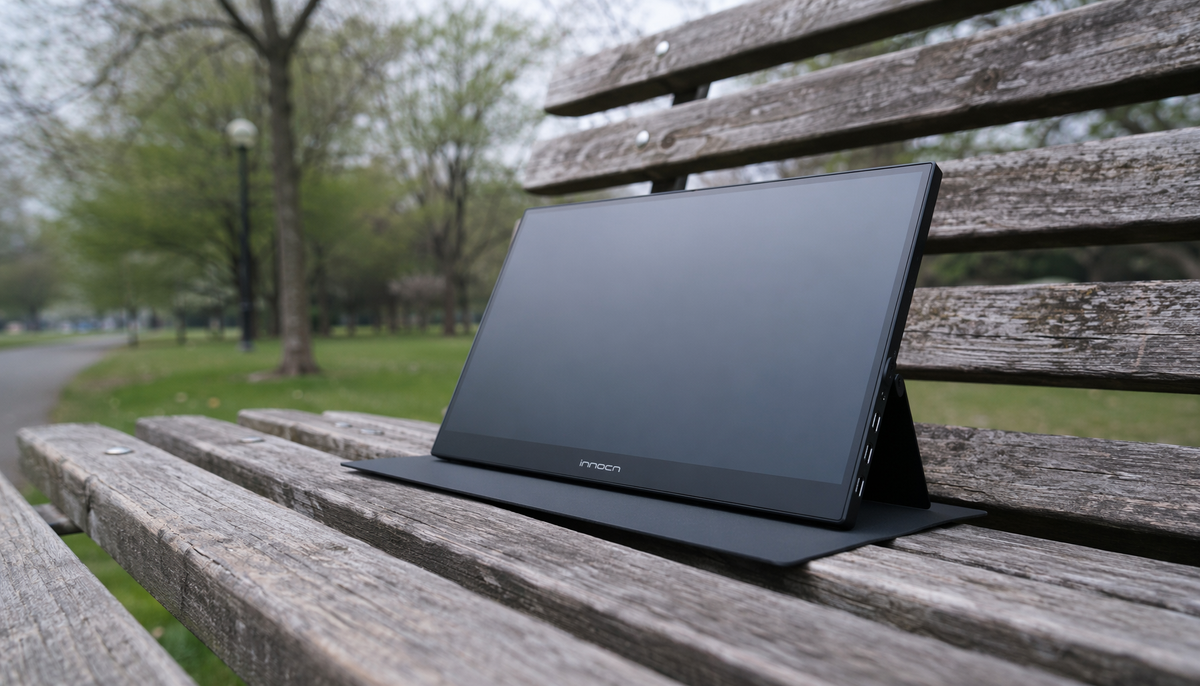 Portable monitor sitting stably on a park bench using a rigid support board and compact kickstand