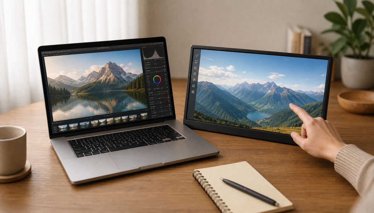 Portable touchscreen monitor and laptop in a dual-screen desk setup, hand about to tap the portable display