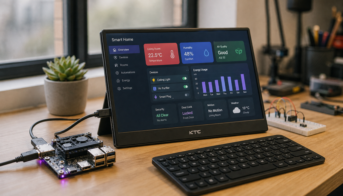 Portable touchscreen monitor connected to a Raspberry Pi showing a smart home dashboard on a maker desk