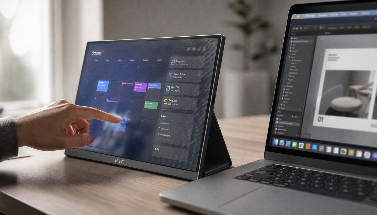 Portable touchscreen monitor connected to a laptop in extended display mode on a clean desk setup