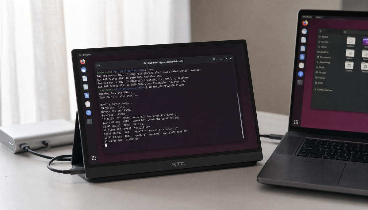 Portable touchscreen monitor connected to a laptop showing a Linux terminal, illustrating USB-C data and display setup