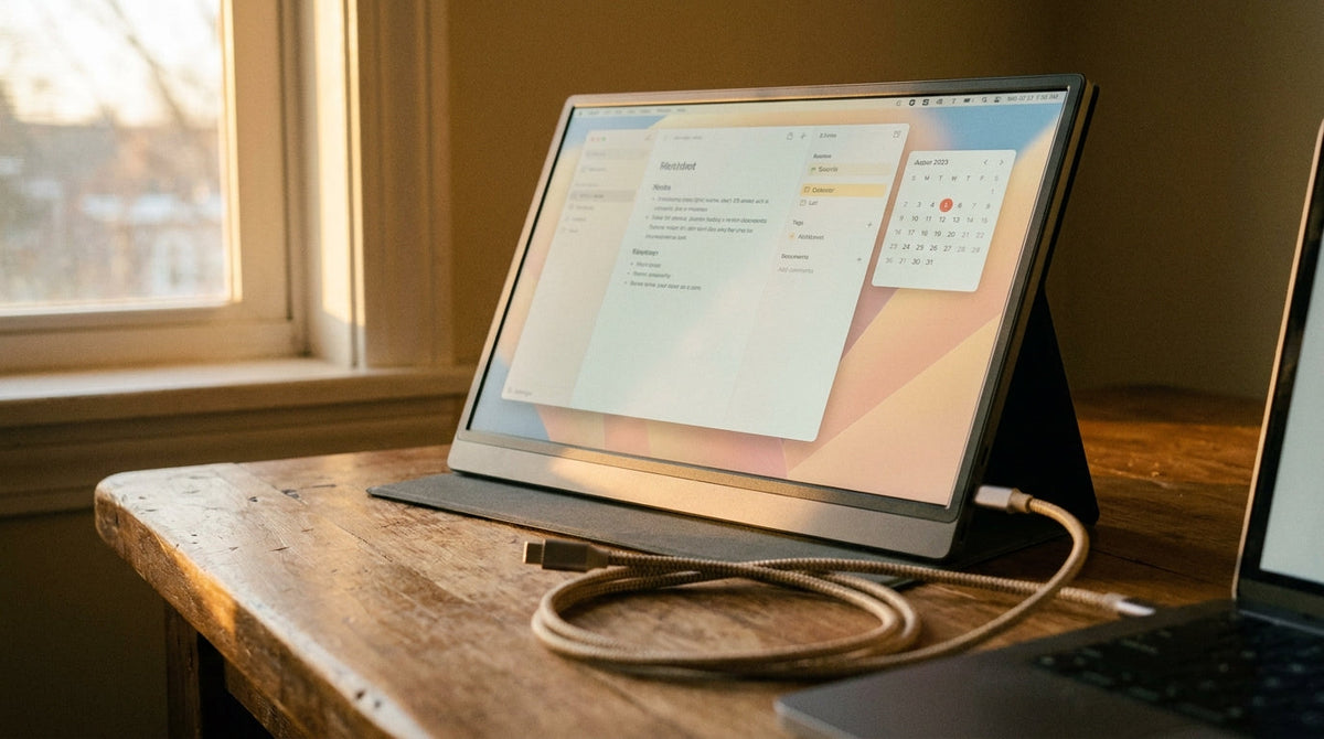 Portable touchscreen monitor connected via USB-C cable to a laptop on a desk