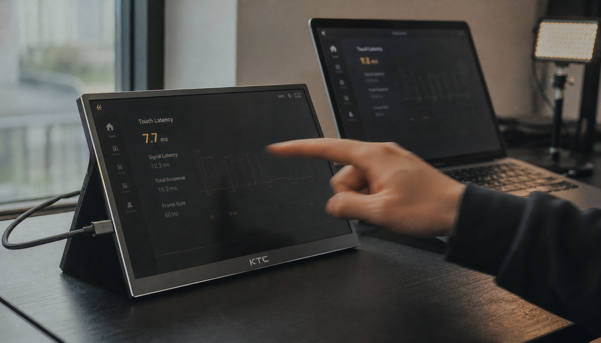 Portable touchscreen monitor connected via USB-C cable while a finger tests touch response latency