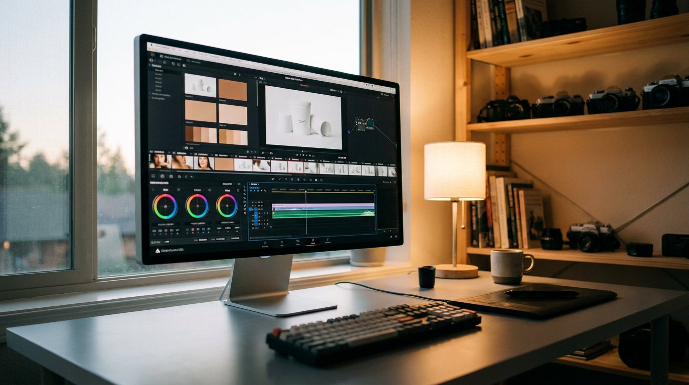 Professional editing workstation with monitor set to neutral 6500K color temperature for accurate white balance judgments