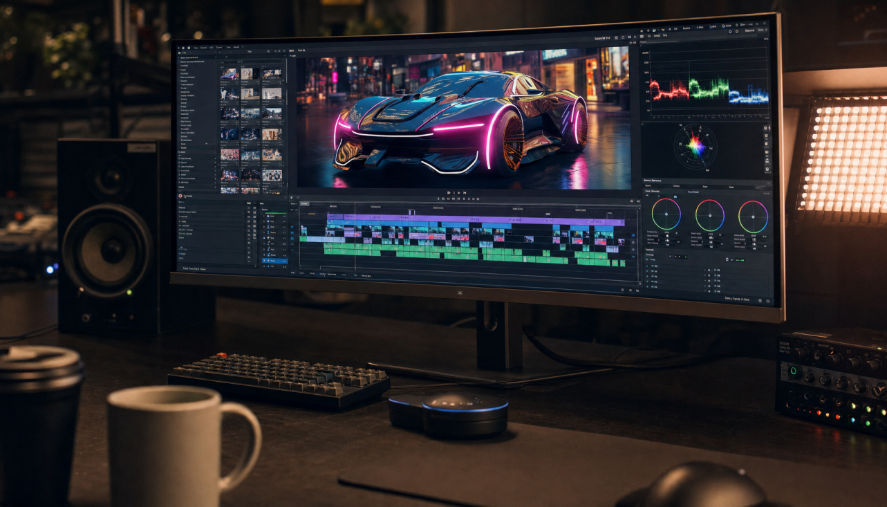 Professional video editing workstation with widescreen monitor showing a multi-track timeline and color scopes