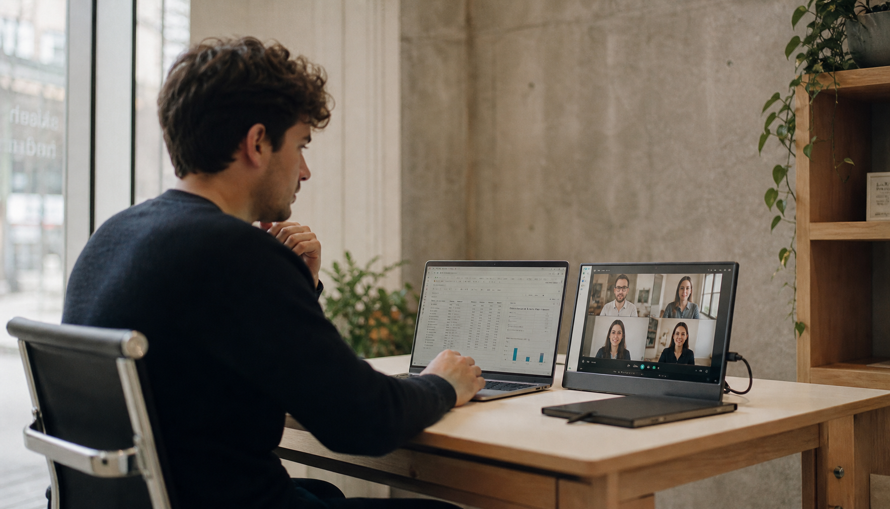 Professional working with a laptop and portable monitor on a compact wooden desk in a bright co-working space