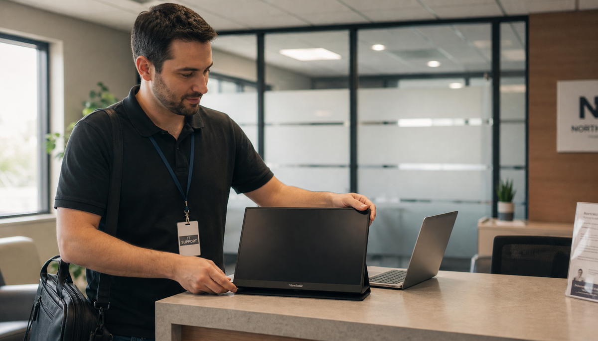 Remote support technician setting up a portable monitor at a client reception desk alongside a laptop