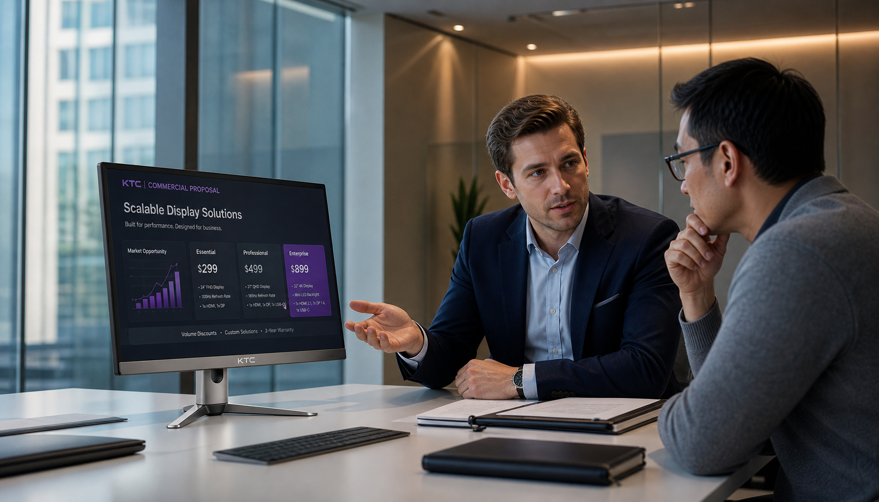 Sales professional and client reviewing a proposal on a portable monitor during a small-room B2B meeting