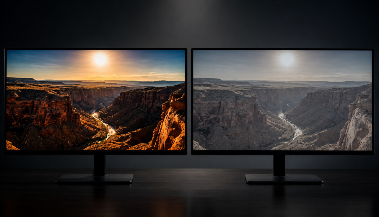 Same HDR video clip displayed differently on two monitors due to different video player tone mapping settings