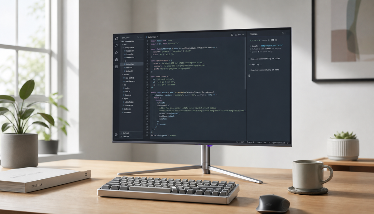 Sharp text on a high-resolution monitor at a minimal desk setup, demonstrating how high PPI eliminates the need for font smoothing