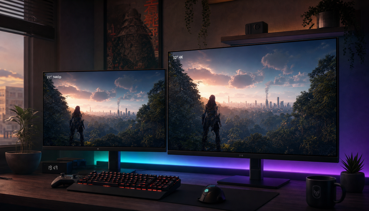 Side-by-side comparison of a 1440p gaming monitor and a 4K monitor displaying the same game scene on a gamer’s desk