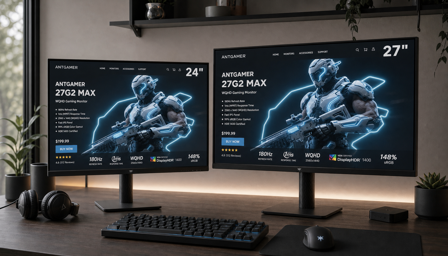 Side-by-side comparison of a 24-inch and 27-inch 1080p monitor on a desk, illustrating the difference in sharpness and pixel visibility at normal viewing distance