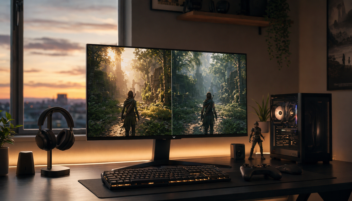 Side-by-side comparison of console performance mode vs quality mode on a 27-inch gaming monitor at a desk setup