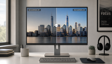 Side-by-side comparison on a monitor screen showing the difference between natural image rendering and over-sharpened edges with visible halos