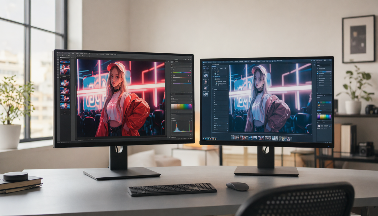 Side-by-side dual monitor setup showing color mismatch between two screens displaying the same image
