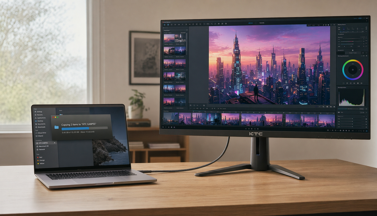 Single USB-C cable connecting a laptop to a premium monitor on a clean home-office desk, representing Thunderbolt connectivity