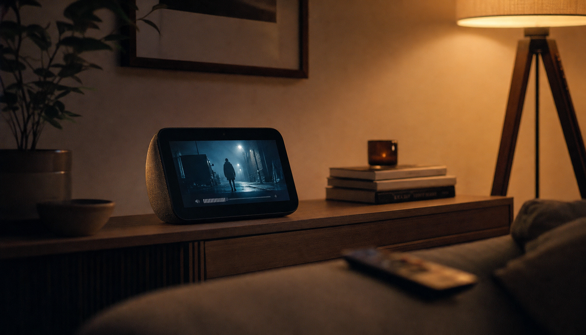Smart display on a living room media console showing a cinematic dark scene, with ambient floor lamp lighting and a remote on the sofa armrest
