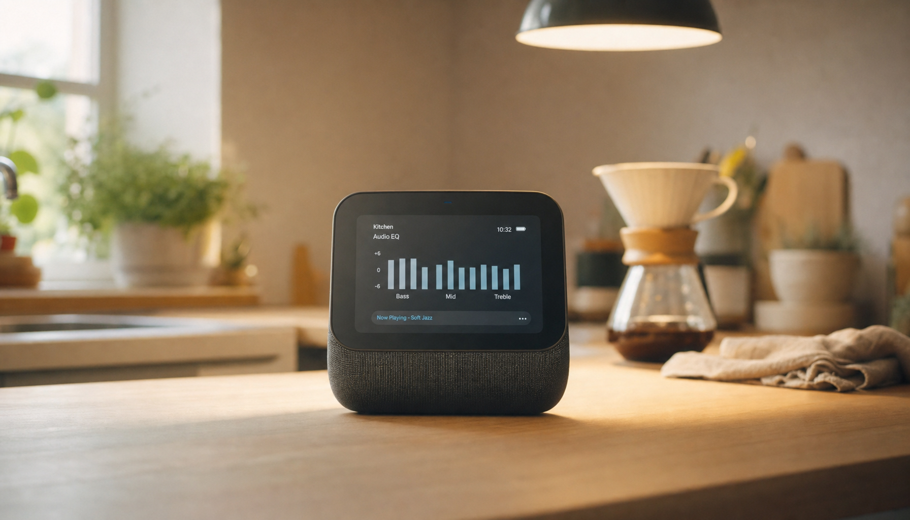 Smart display speaker on a kitchen counter with warm ambient lighting, showing audio controls on screen