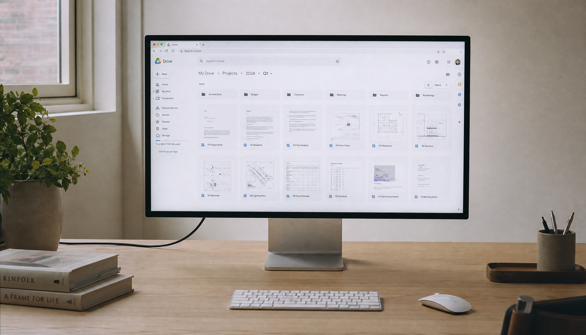 Smart monitor on a home office desk displaying a cloud drive folder grid through a web browser
