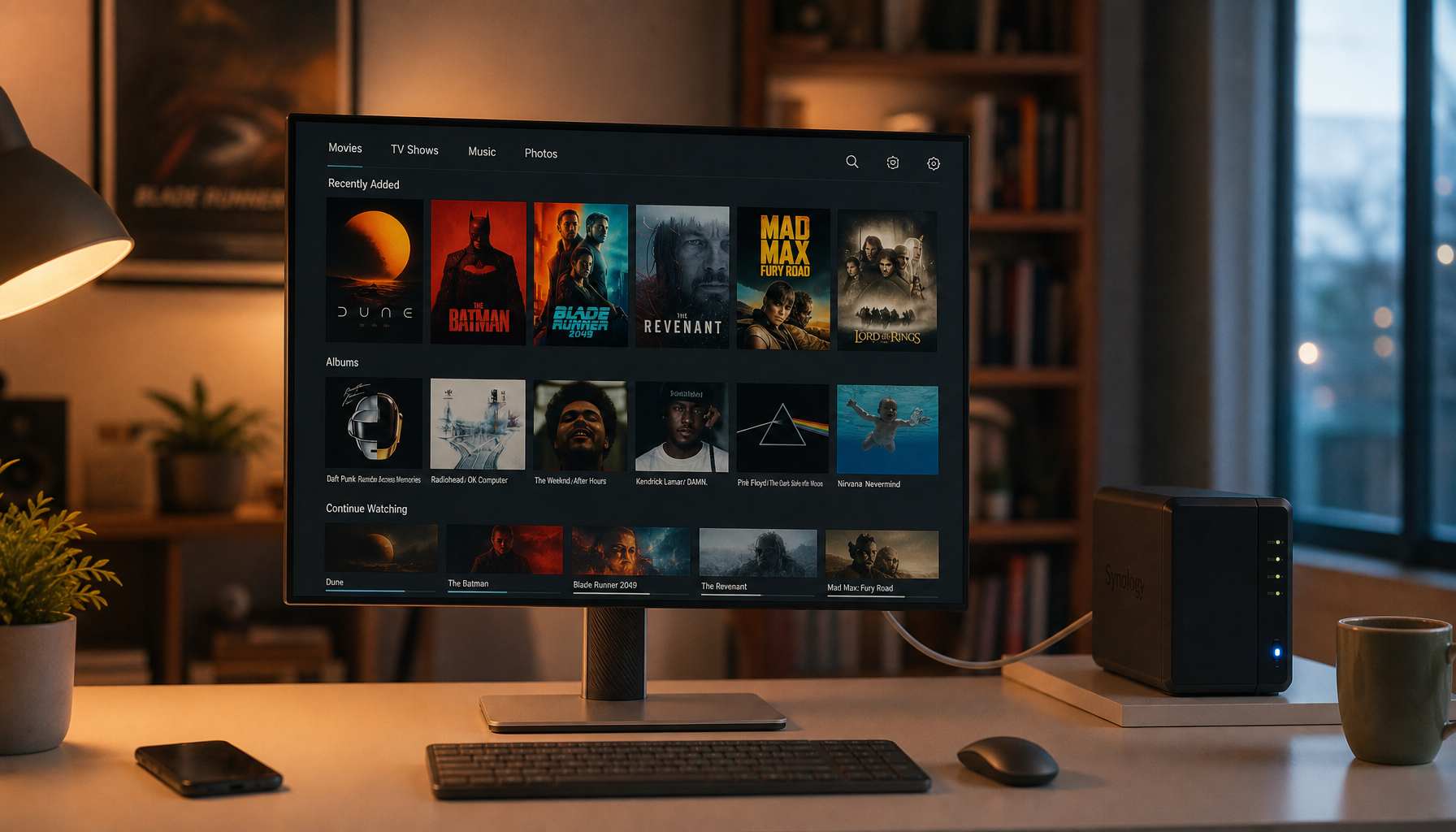 Smart monitor on a home office desk displaying a local media library, connected to a NAS via Ethernet