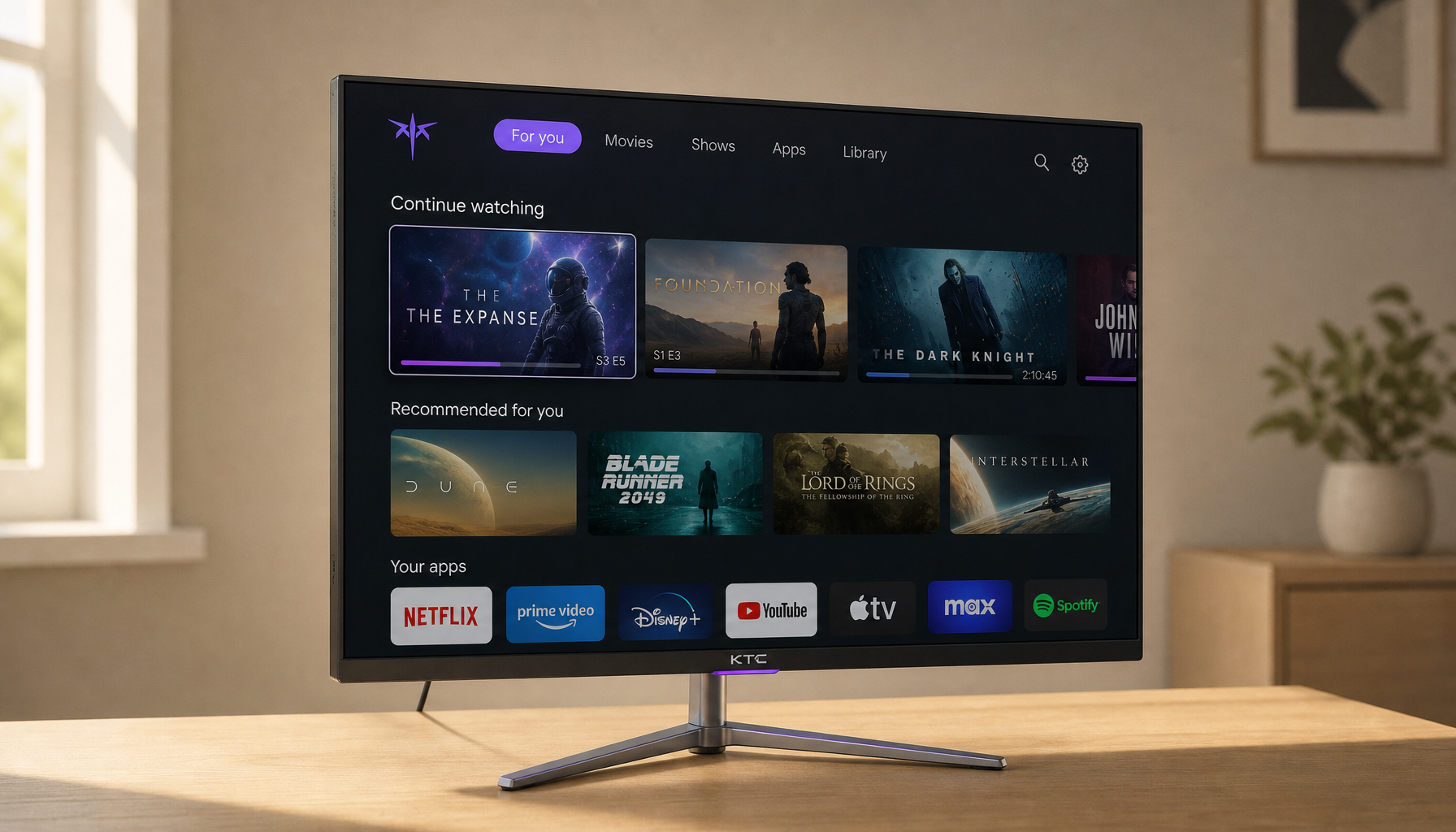 Smart monitor running streaming apps on a clean desk without a computer connected