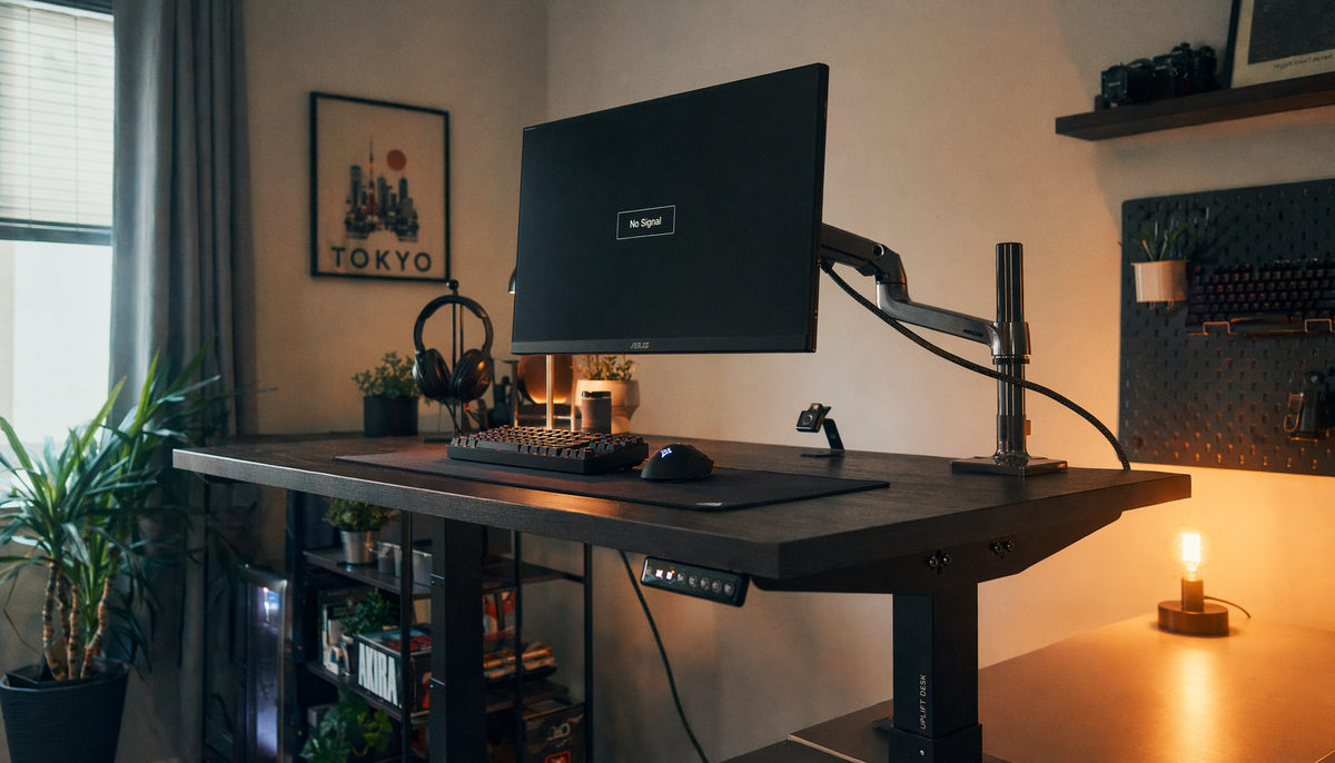 Standing desk gaming setup with monitor showing no signal as a taut HDMI cable strains against the rising desk frame
