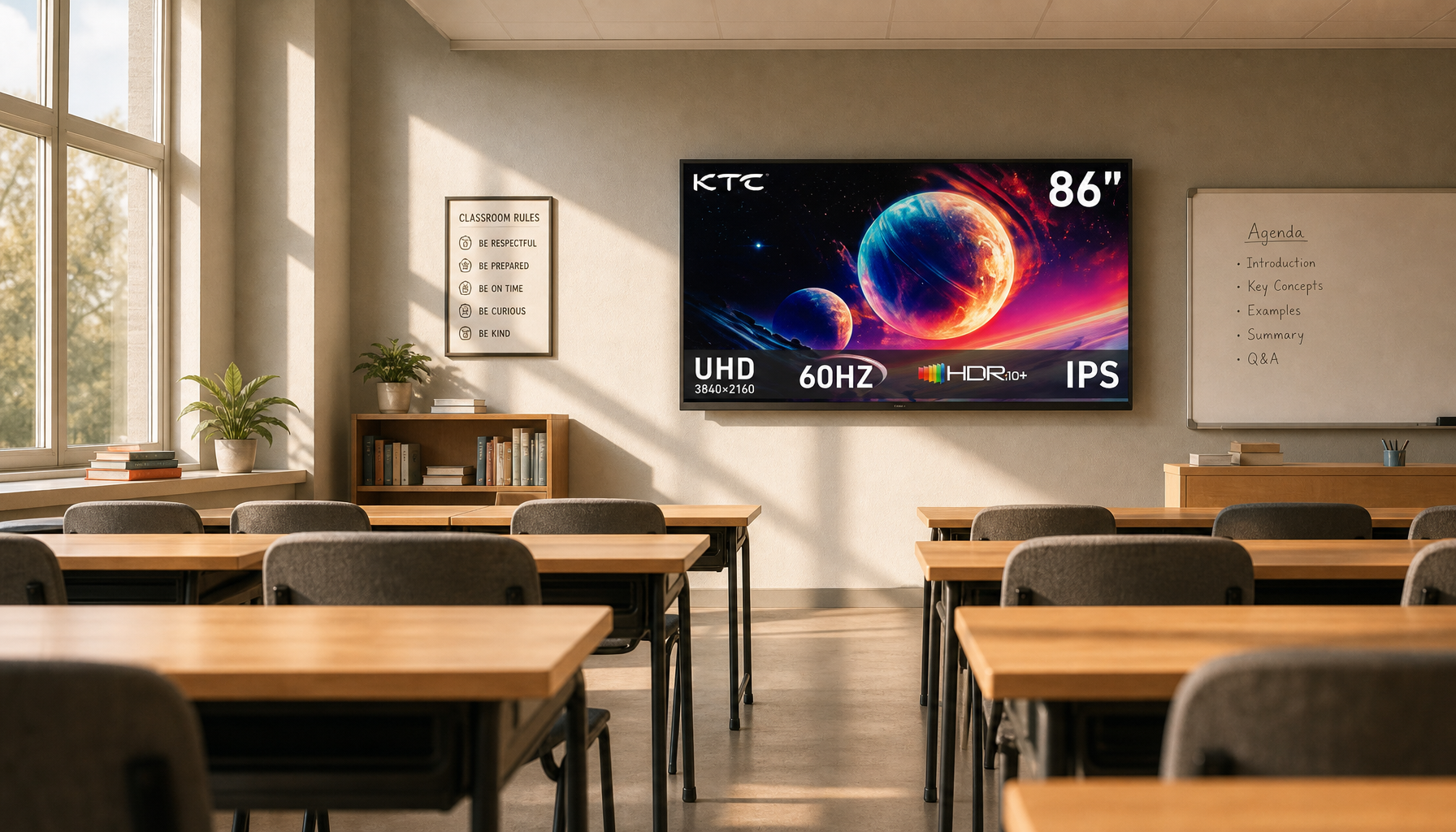 Sunlit classroom viewed from the back row with a bright display showing lesson content at the front