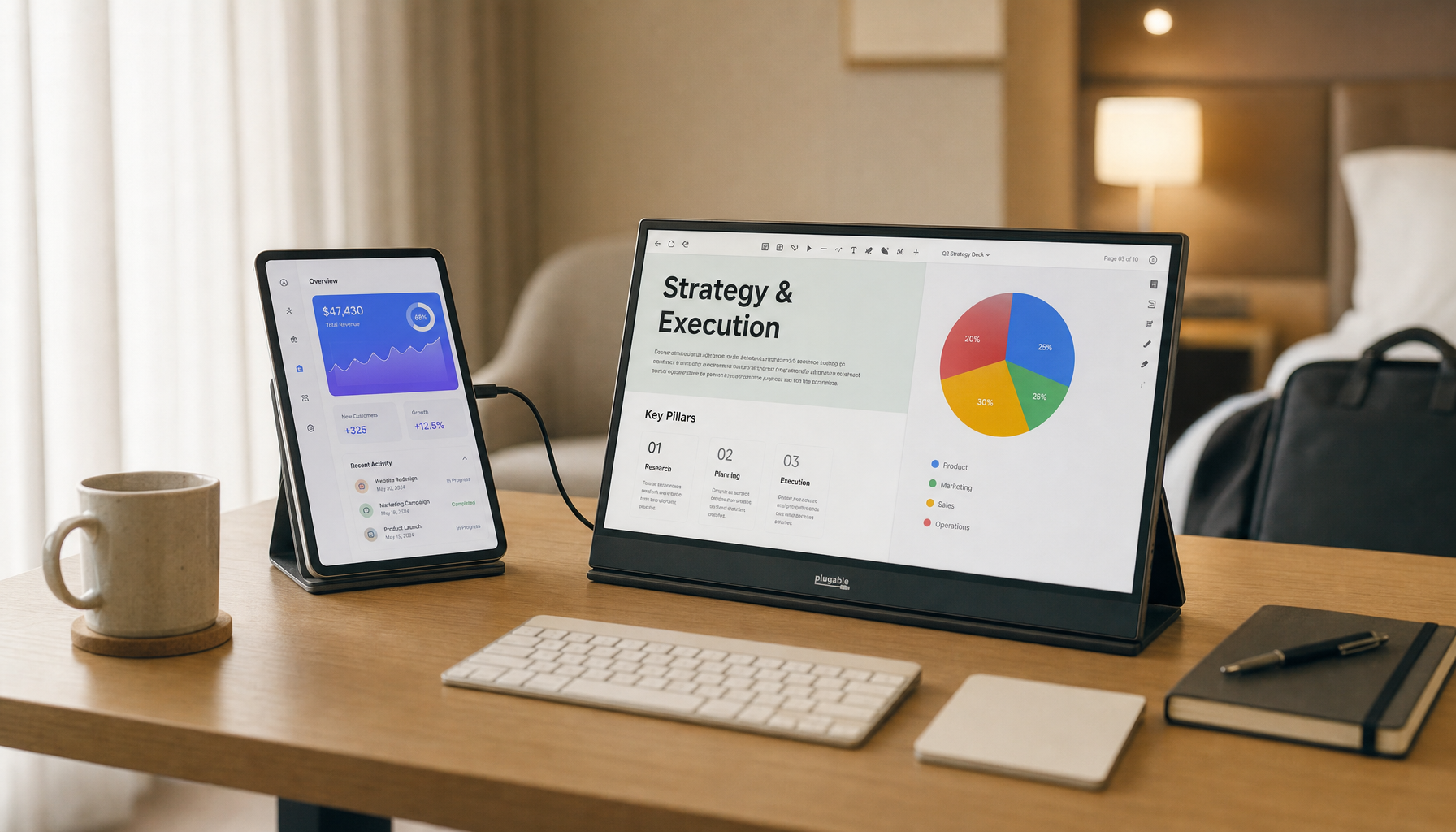 Tablet connected to a portable touchscreen monitor with a single USB-C cable on a minimal desk setup
