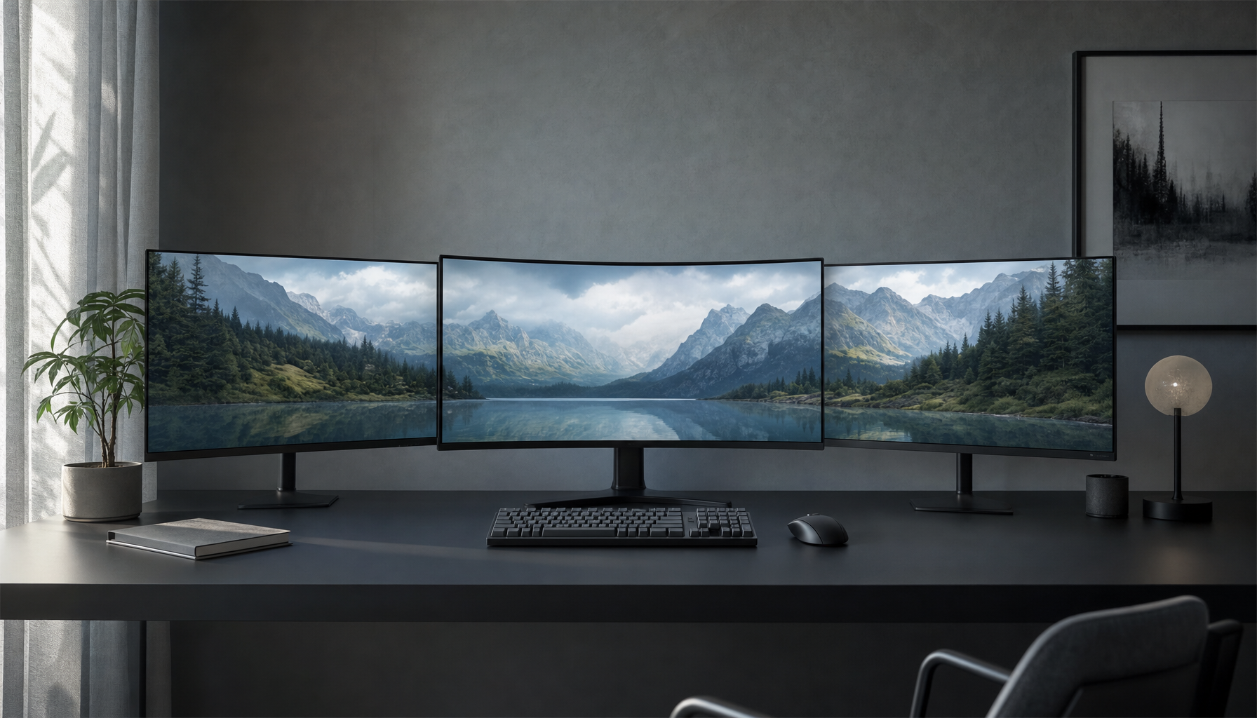 Three-monitor desk setup in Windows Extend mode showing continuous panoramic wallpaper across all displays